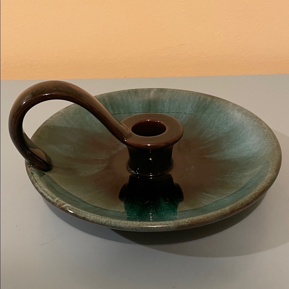 Vintage 1970s Blue Mountain Green Ceramic Candle Holder